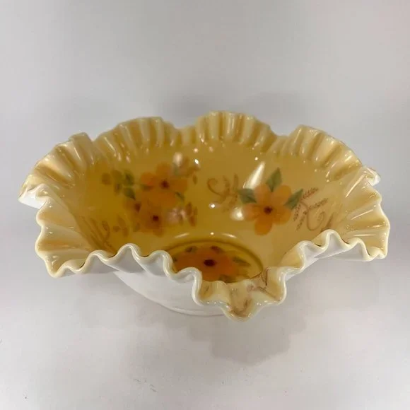 VTG Fenton Honey Amber Floral Butterfly 7224 Brides Bowl 10" Ruffled Edge 80's